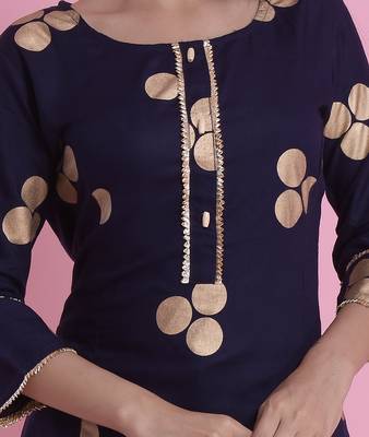 Navy Blue Gold Printed Rayon Emblished A-Line Long Kurta 5
