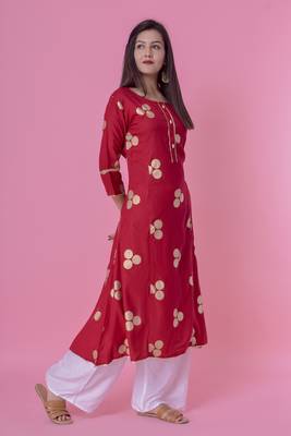 Maroon Gold Printed Rayon Emblished A-Line Long Kurta 4