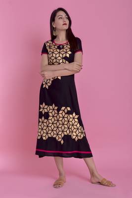 Black Gold Printed Rayon Emblished A-Line Long Kurta 1