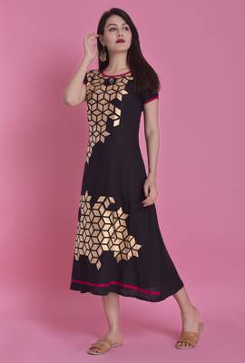 Black Gold Printed Rayon Emblished A-Line Long Kurta 3