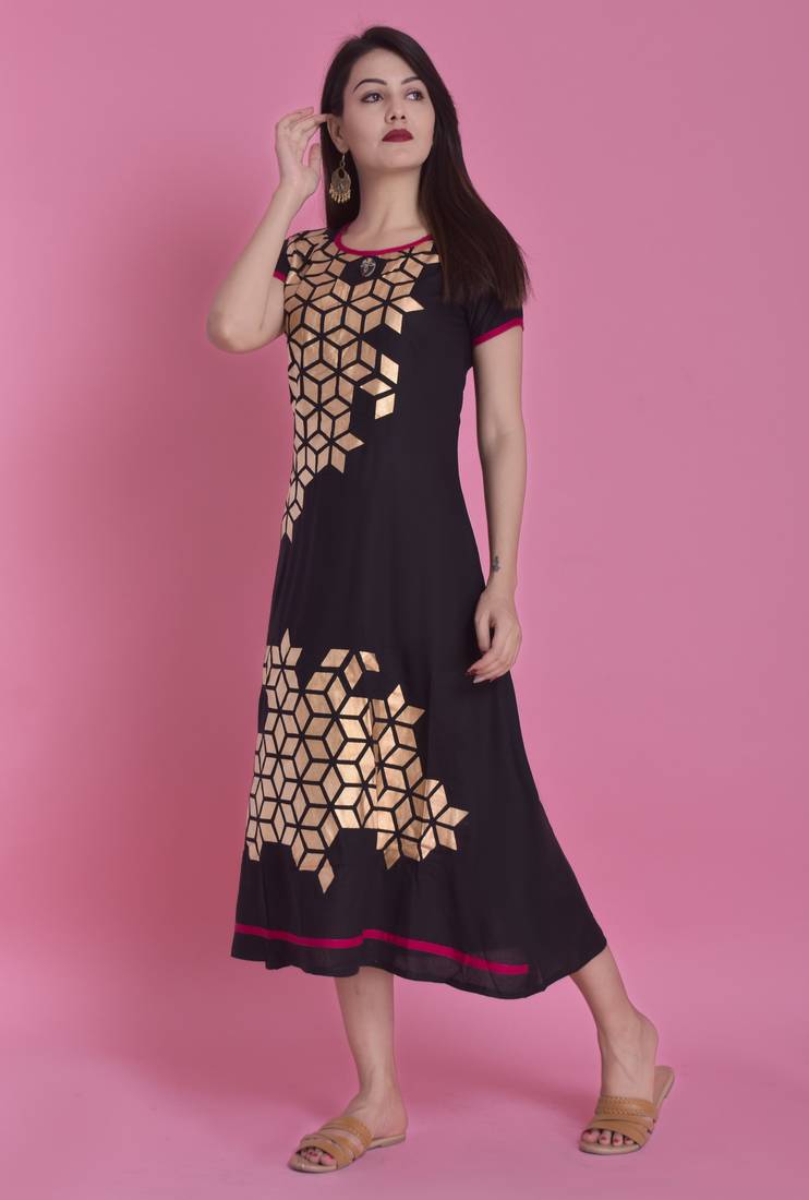 Black Gold Printed Rayon Emblished A-Line Long Kurta