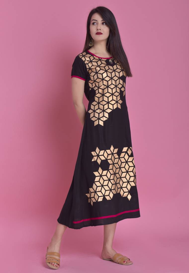 Black Gold Printed Rayon Emblished A-Line Long Kurta