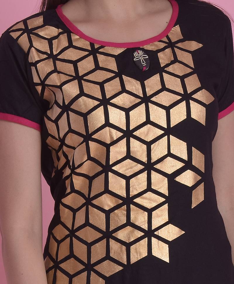 Black Gold Printed Rayon Emblished A-Line Long Kurta