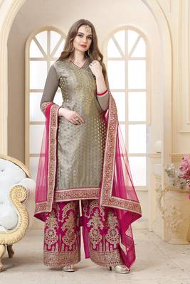 Grey embroidered satin semi Stitched Sharara 1