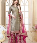 Grey embroidered satin semi Stitched Sharara