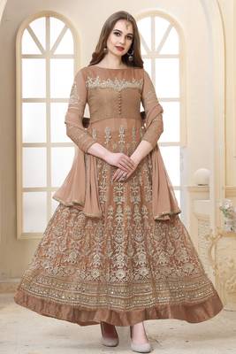 Light coffee  embroidered net semi stitched Anarkali suit  1