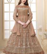 Light coffee  embroidered net semi stitched Anarkali suit 
