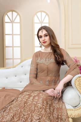 Light coffee  embroidered net semi stitched Anarkali suit  2