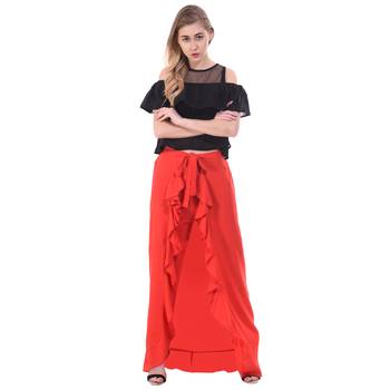 Red Color Plain Ruffle Palazzo 1