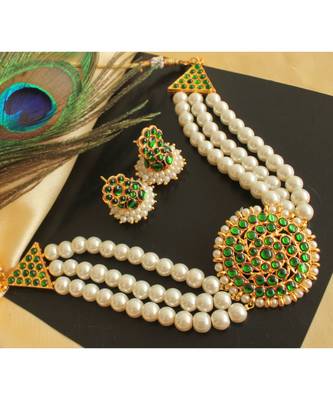 Beautiful Pearl Green Designer Temple Necklace Set 1