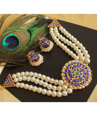 Beautiful Pearl Blue Green Designer Temple Necklace Set 1