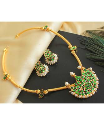Beautiful Gold Tone Green Moon Designer Necklace Set 1