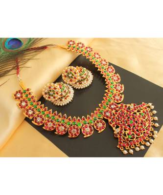 Beautiful Gold Tone Kemp Green Huge Mango Designer Necklace Set 1