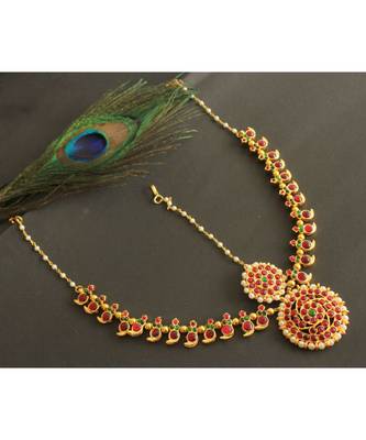 Beautiful Gold Tone Kemp Green Mango Designer Tikka 1