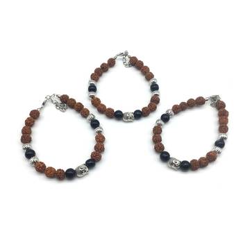 (Set Of 3) Rudraksha Designer Rakhi For Men Silver Black Bead Buddha Charm Link Chain Adjustable Rakhi 1