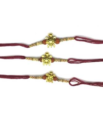 (Set Of 3) Tortoise Designer Rakhi Set For Men Gold Plated Rudraksha Tulsi Beads Maroon Thread Rakhi 1