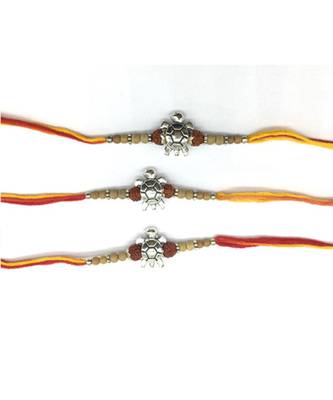 (Set Of 3) Tortoise Designer Rakhi For Men Silver Plated Rudraksha Tulsi Beads Multicolor Thread Rakhi 1