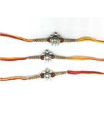 (Set Of 3) Tortoise Designer Rakhi For Men Silver Plated Rudraksha Tulsi Beads Multicolor Thread Rakhi