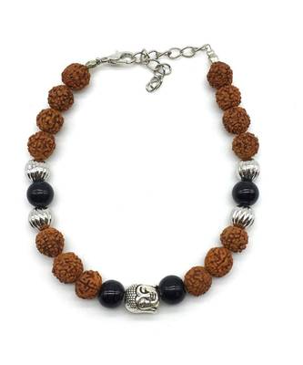Rudraksha Designer Rakhi For Men Silver Black Bead Buddha Charm Link Chain Adjustable Rakhi   1