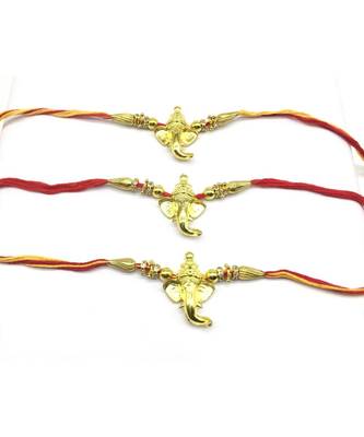 (Set Of 3) Designer Rakhi For Men Gold Plated Ganpati Bappa With Bead Multicolor Thread Rakhi(Pack Of 3) 1