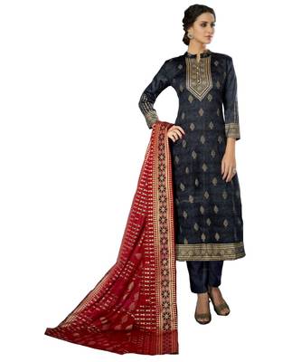 Grey Embroidered Cotton Unstitched Salwar With Dupatta 1