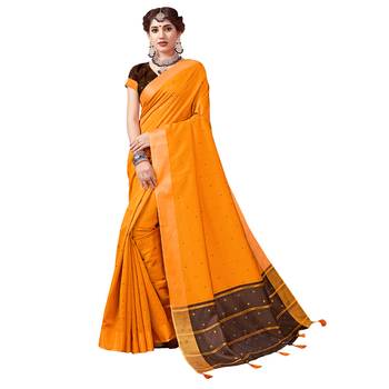 Mustard woven cotton silk saree with blouse 1