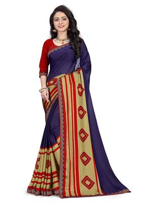 Blue Printed silk blend saree with blouse 1