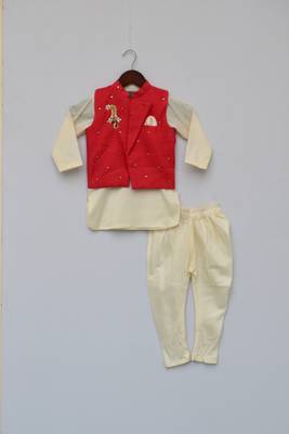 Red Nehru Jacket With Kurta & Churidar 1