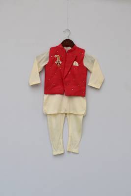 Red Nehru Jacket With Kurta & Churidar 2