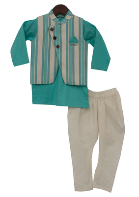 Aqua Blue Kurta With Printed Nehru Jacket Set 1