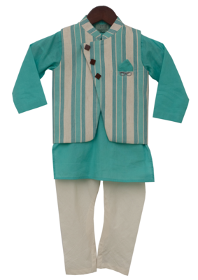 Aqua Blue Kurta With Printed Nehru Jacket Set 2