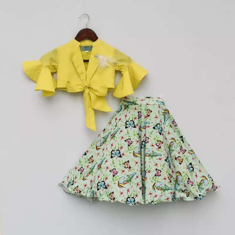 Yellow Knotted Top With Printed Lehenga