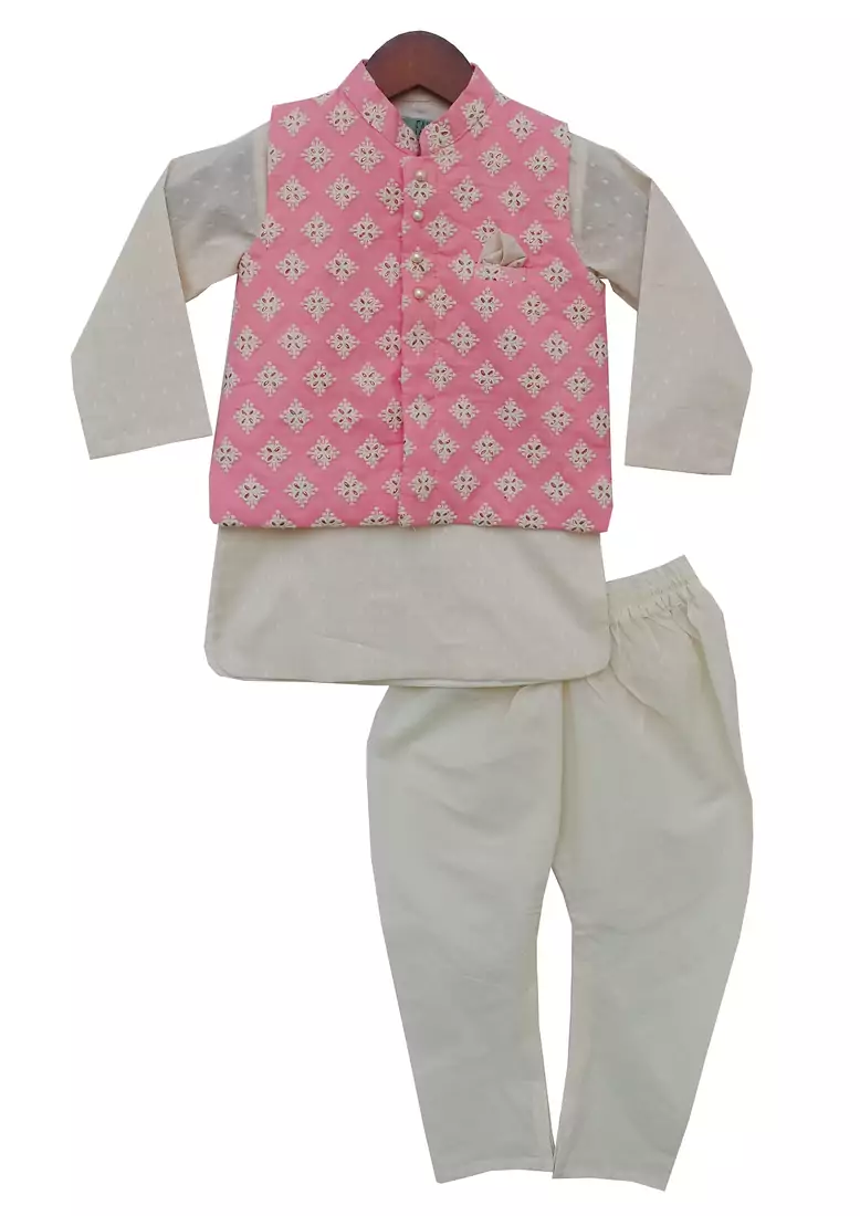 Pink Embroidery Nehru Jacket With Kurta And Churidar