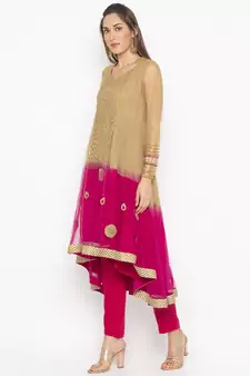 Beige Embroidered Net Party Wear Kurti