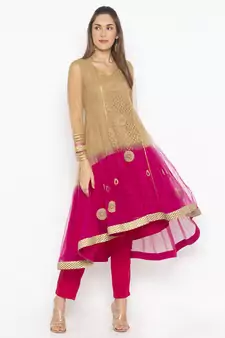 Beige Embroidered Net Party Wear Kurti