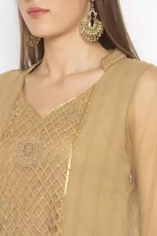 Beige Embroidered Net Party Wear Kurti