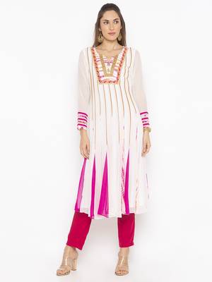 Off White Embroidered Georgette Party Wear Kurti 1