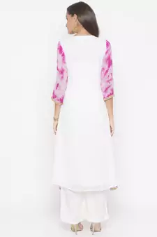 Off White Embroidered Georgette Party Wear Kurti