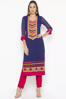 Dark Blue Embroidered Georgette Party Wear Kurti