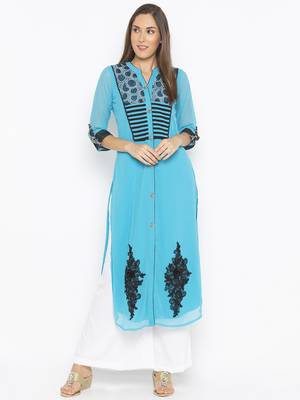 Blue Embroidered Georgette Party Wear Kurti 2