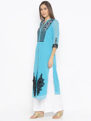 Blue Embroidered Georgette Party Wear Kurti 3