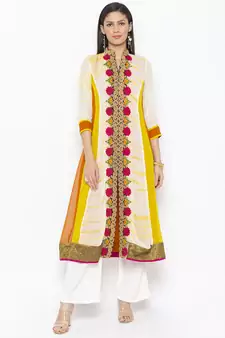 Off White Embroidered Georgette Party Wear Kurti