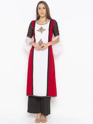 Off White Embroidered Georgette Party Wear Kurti 2