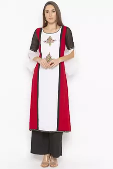 Off White Embroidered Georgette Party Wear Kurti