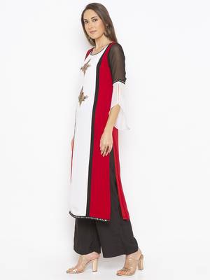 Off White Embroidered Georgette Party Wear Kurti 3