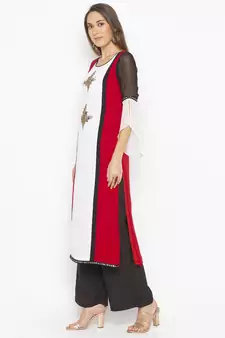 Off White Embroidered Georgette Party Wear Kurti