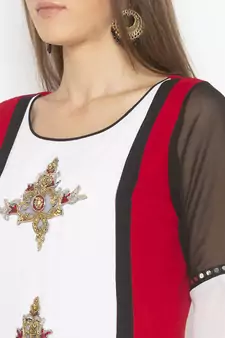 Off White Embroidered Georgette Party Wear Kurti