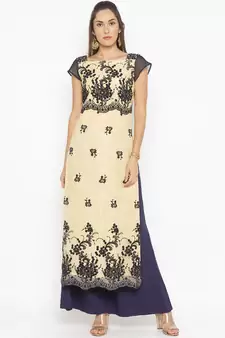 Beige Embroidered Net Party Wear Kurti
