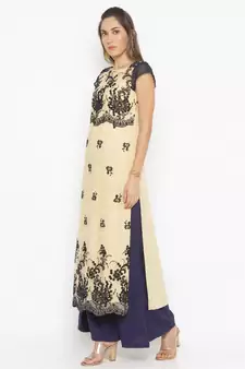 Beige Embroidered Net Party Wear Kurti