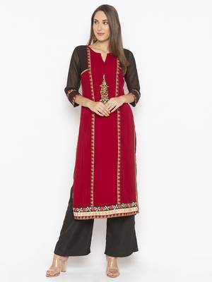 Maroon Embroidered Georgette Party Wear Kurti 1